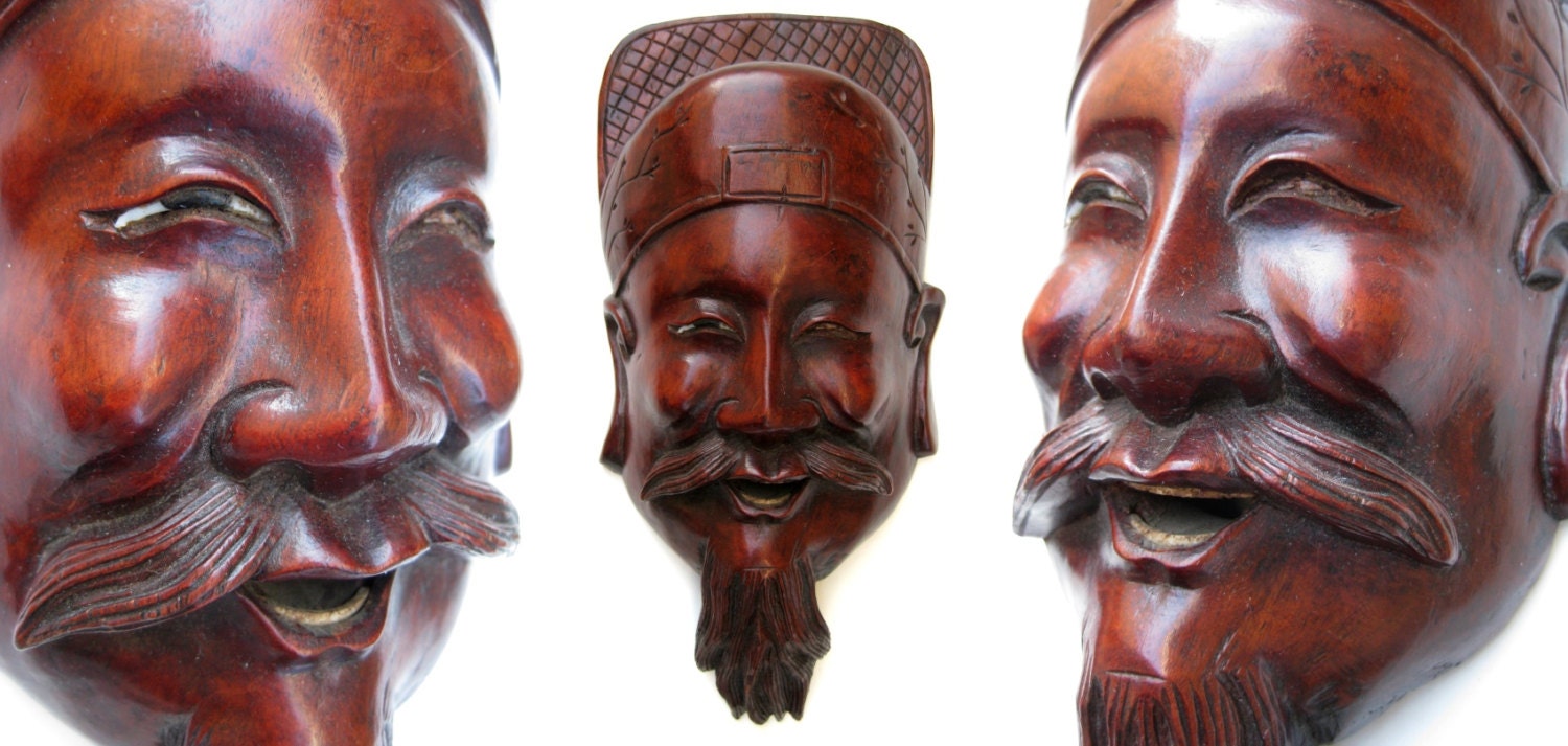 Antique Chinese Asian Carved Wood Face Mask Wall Hanging Art - Happy Laughing Old Wise Man Beard Vintage Decorative Unusual Rosewood