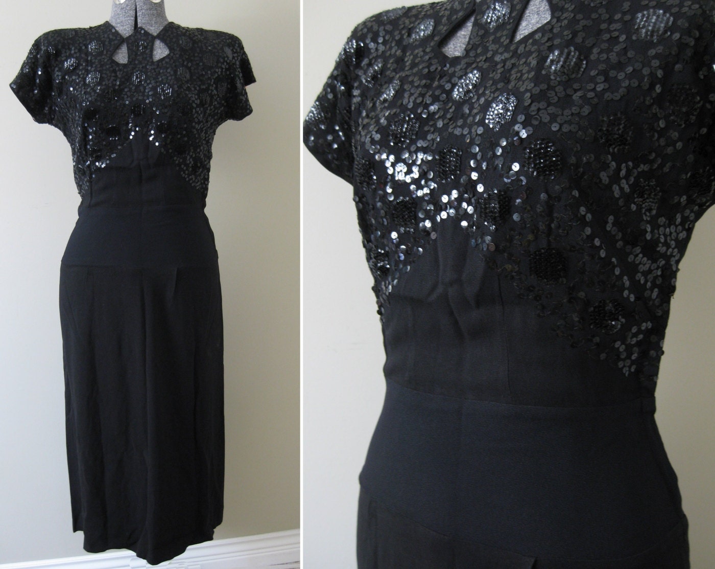 Jet Black Beauty Vintage 40s Bias Cut Crepe Dress - Sequined Great Gatsby Dress Cutout Triangle Sexy Glam Elegant Evening Formal Rayon S M