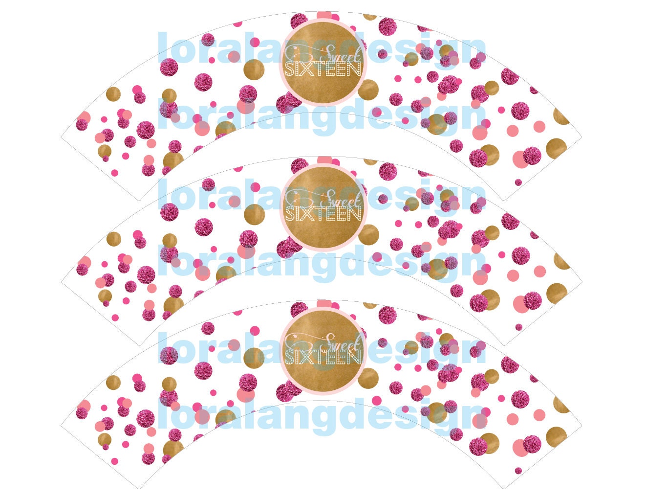 DIY Printable Modern Gold and Pink Sweet Sixteen Cupcake Wrappers Instant Download Il_570xn