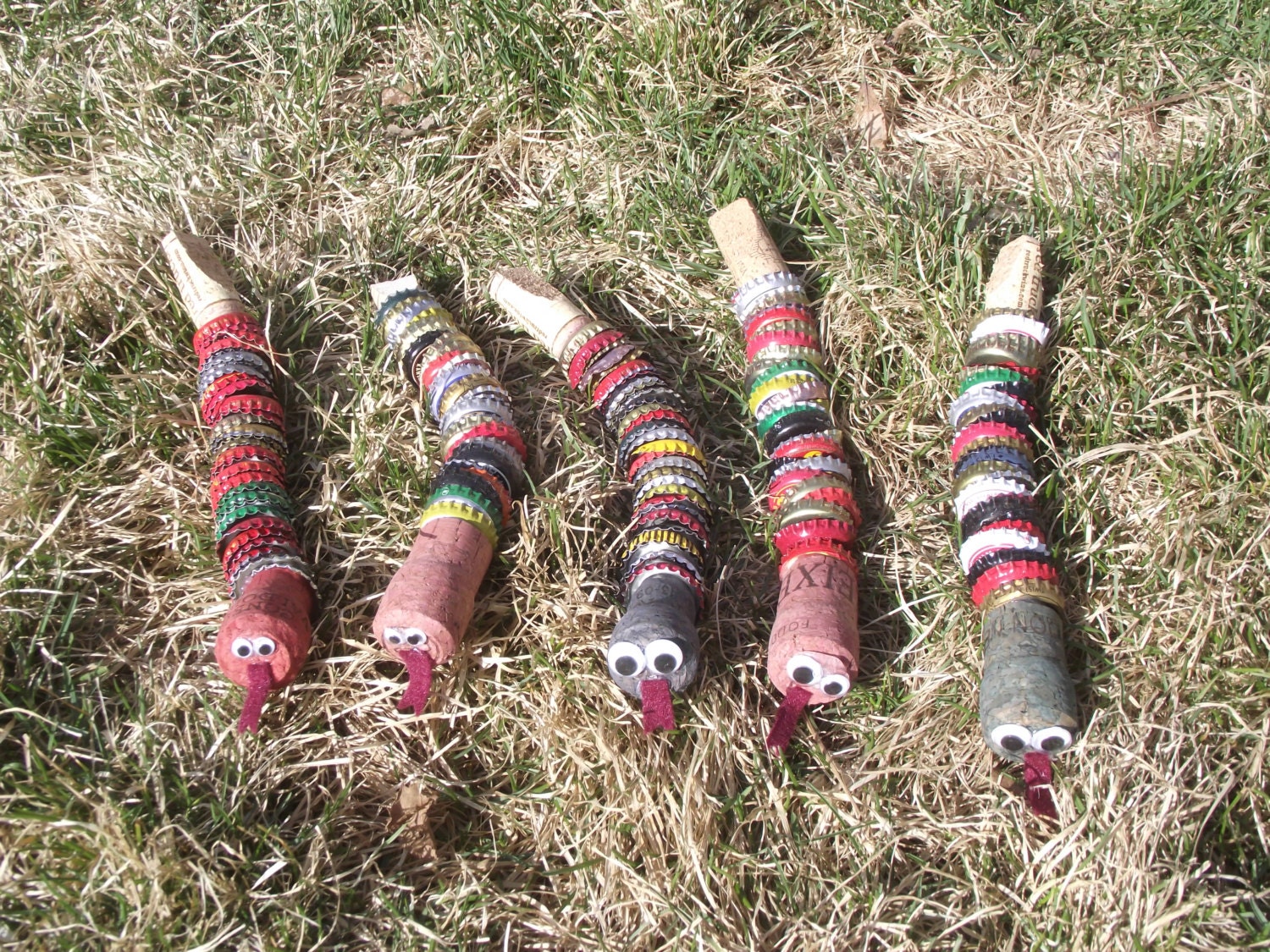 Upcycled Friendly Snake Recycled Bottlecaps Corks Boys or Girls Eco Friendly Toys Tactile Google Eyes Felt Forked Tongue Children Hemp
