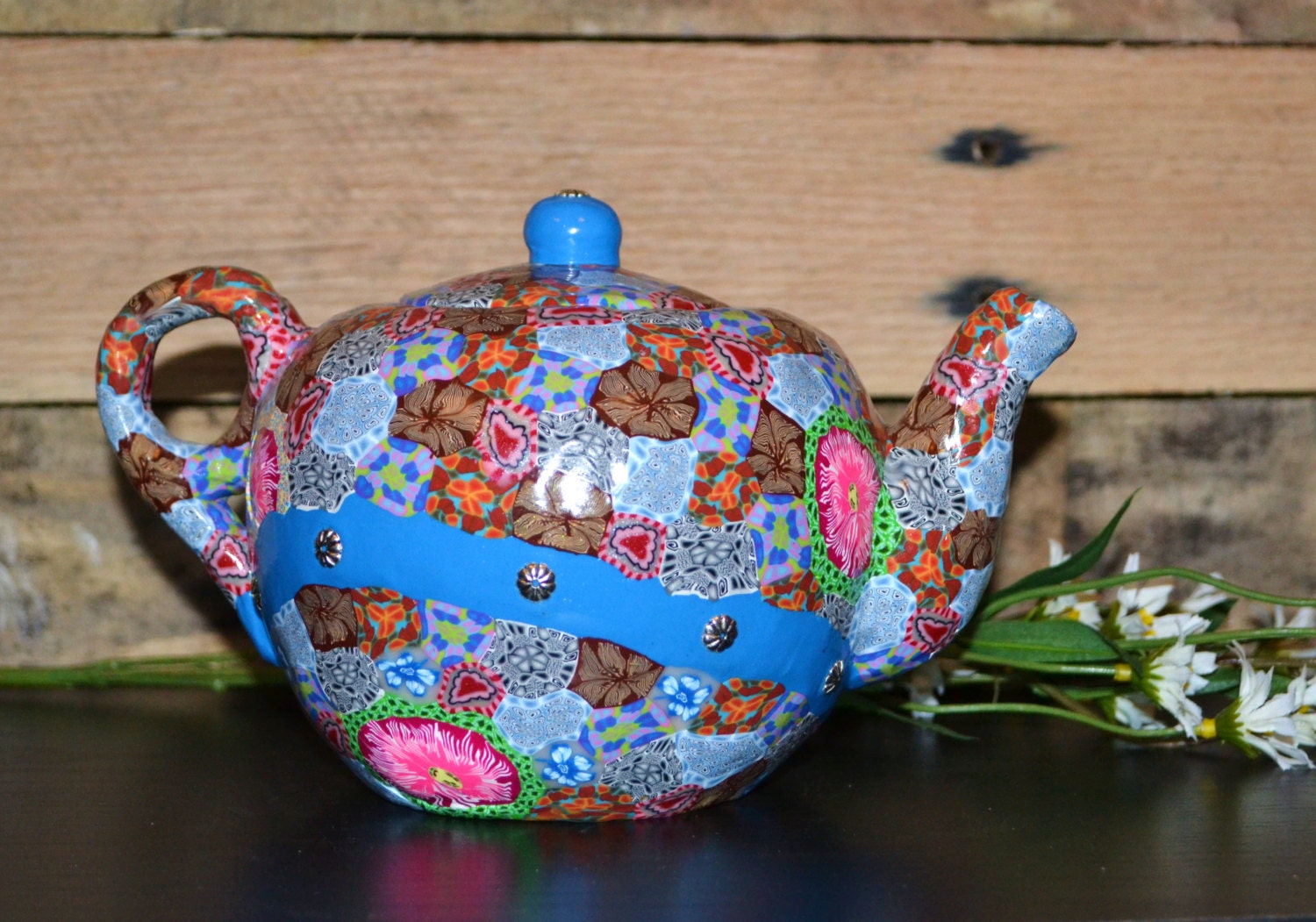 Teapot upcycled with Polymer Clay,  houseware