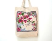 floral vintage hankie tote bag / recycled / upcycled / gray pink green blue natural / market bag / book bag / shabby chic