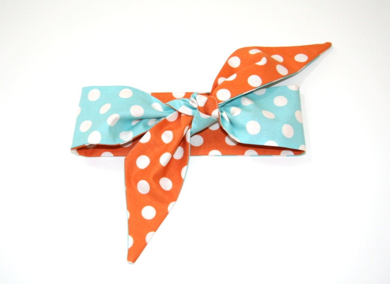 orange and teal polka dot reversible headscarf  / tie up headband / adjustable / summer / knotted headband / graduation