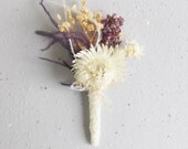Victoriana - Dried flower, feather, and lace groom or groomsman boutonniere - purple and ivory flowers