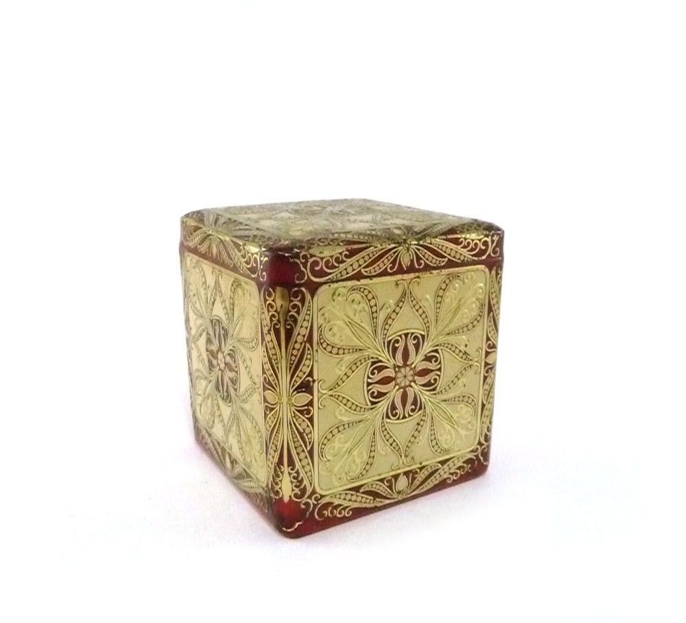 Vintage biscuit or tea tin, oxblood red and gold keepsake box