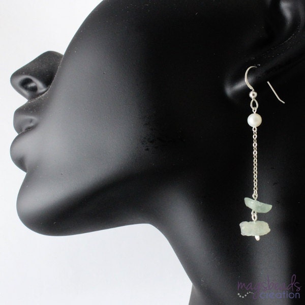 Chain Rough Aquamarine Earrings, Long Dangle Chain Earrings, Unique, Everyday, Sterling Silver Chain Jewelry, Light Blue Aquamarine Stone