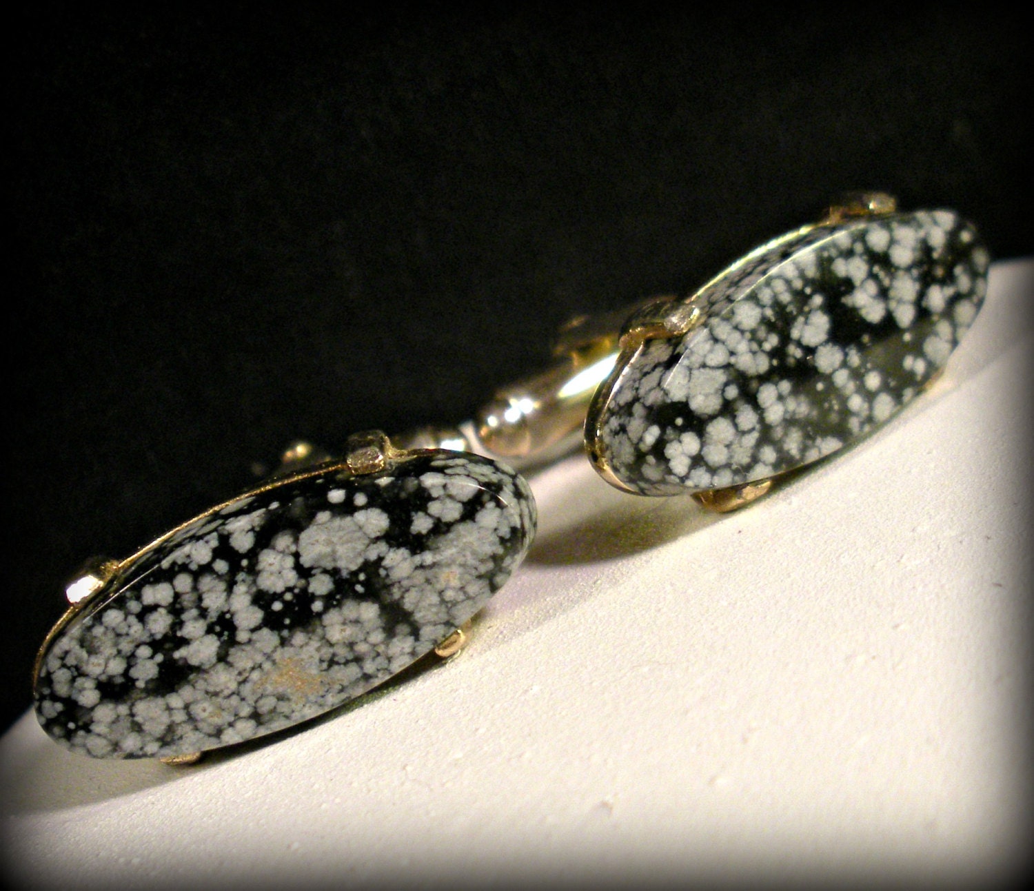 Vintage Oblong Snowflake Obsidian Cuff Links