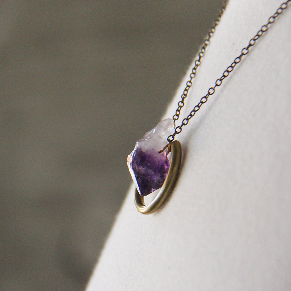 Geometric Semi Circle Raw Amethyst Charm Necklace
