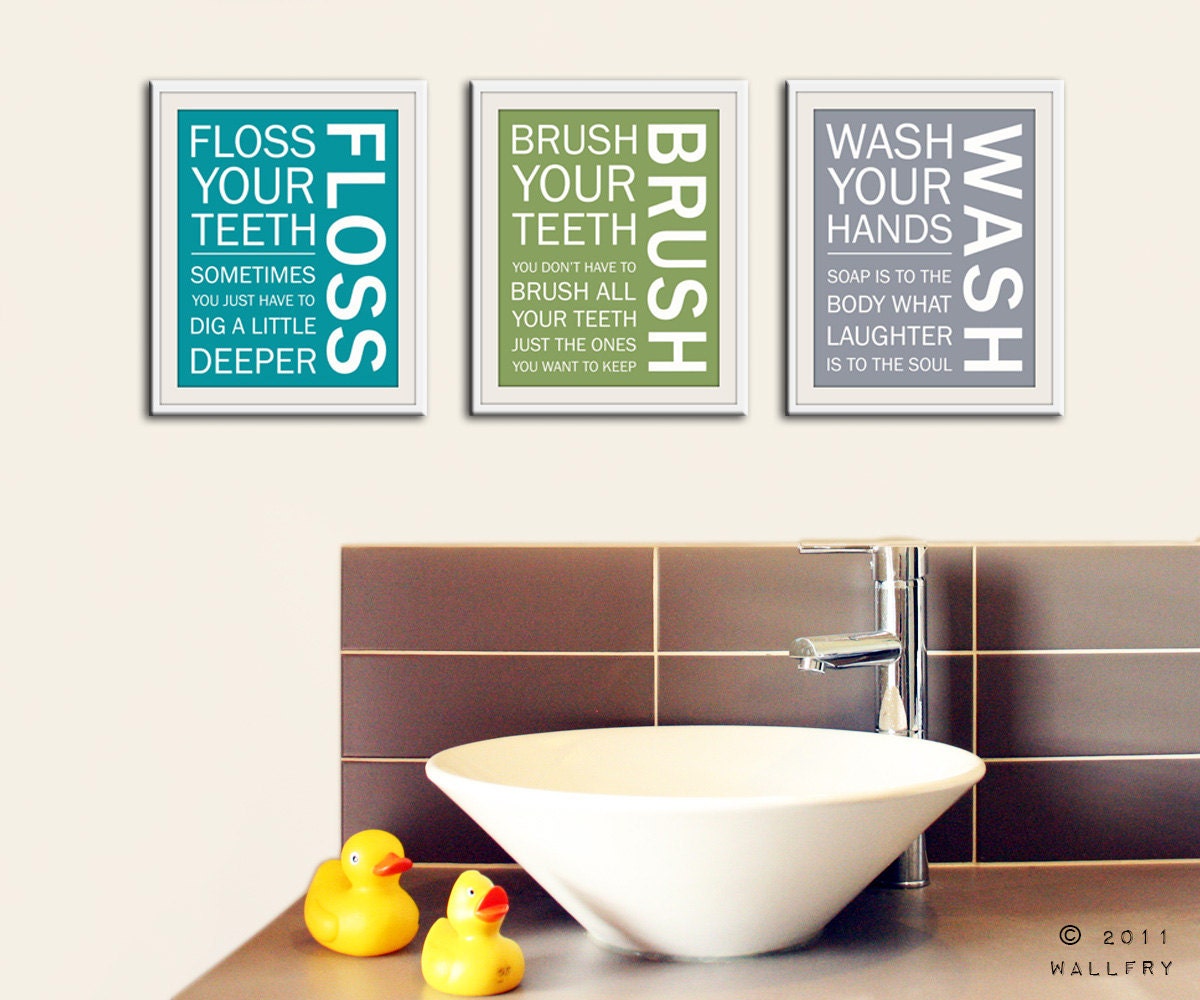 Kids bathroom wall art. Bathroom rules. Bathroom prints Wash Brush Floss Flush. Typography. Set of 3-x5x7 prints by WallFry