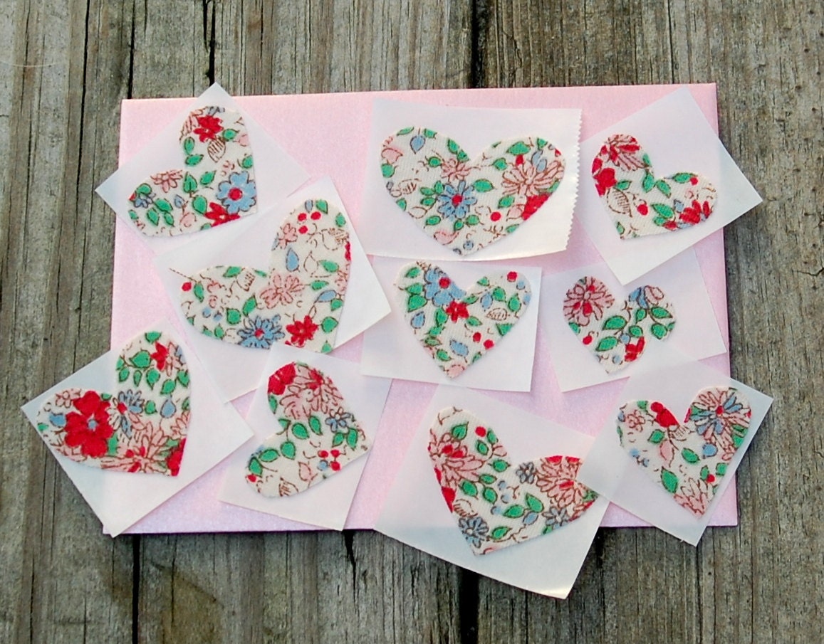 Hand-cut fabric heart sticker seals made with vintage fabric, set of 10