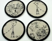 Toiles de Jouy Fabric Coasters in Black / Light Khaki Cotton (Set of Four)