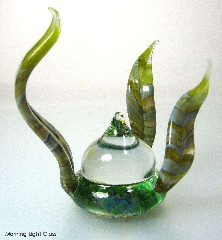 Abstract Glass Plant Sculpture, Art Glass Home Decor, Paperweight