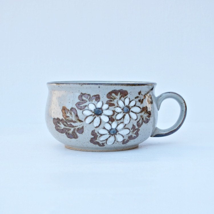 Soup bowl with handle soup cup vintage enameled stoneware flowers