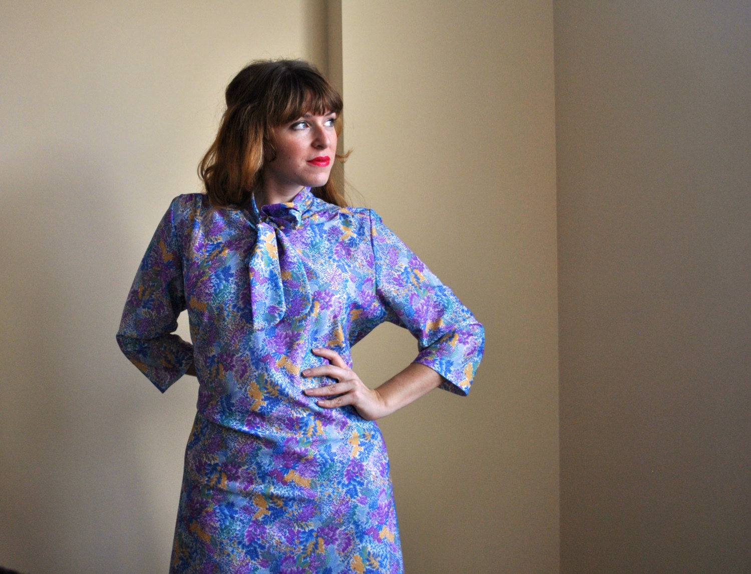 Vintage Floral Dress - Womans Floral Bouquet Extra Large Vintage Dress - Purple Based Multicolored Dress -