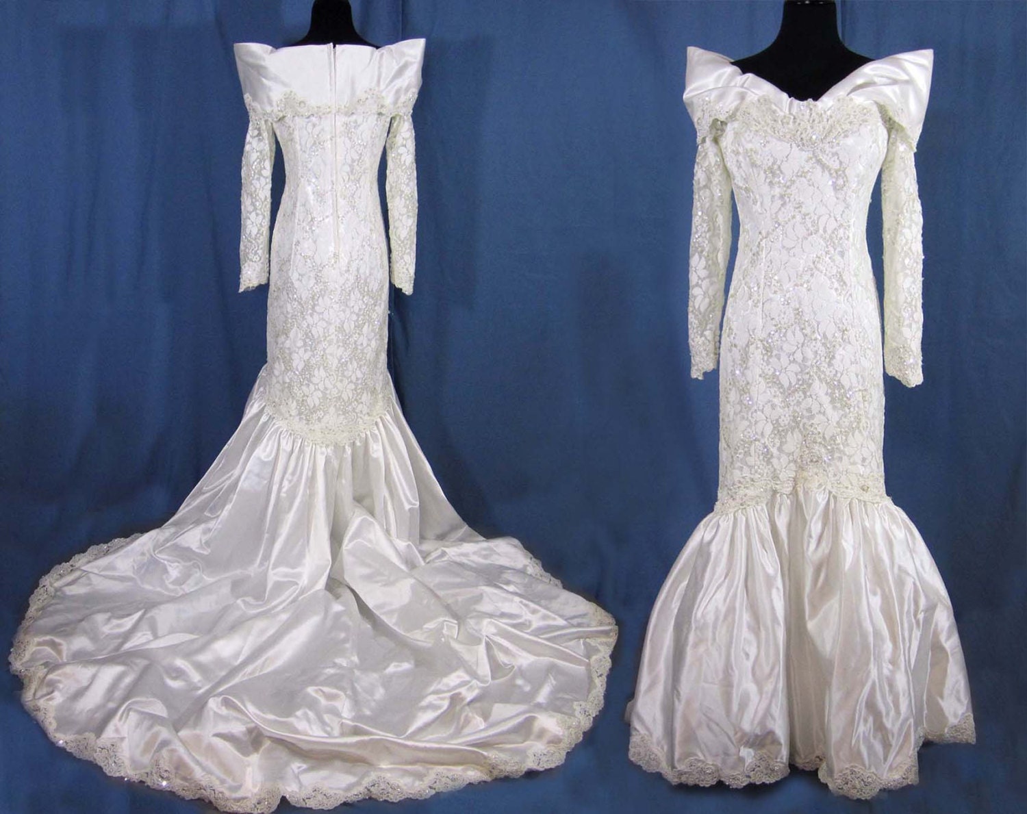 1980s Mermaid Wedding Dress - Lace Satin Beading Sequins - Rounded Train - S