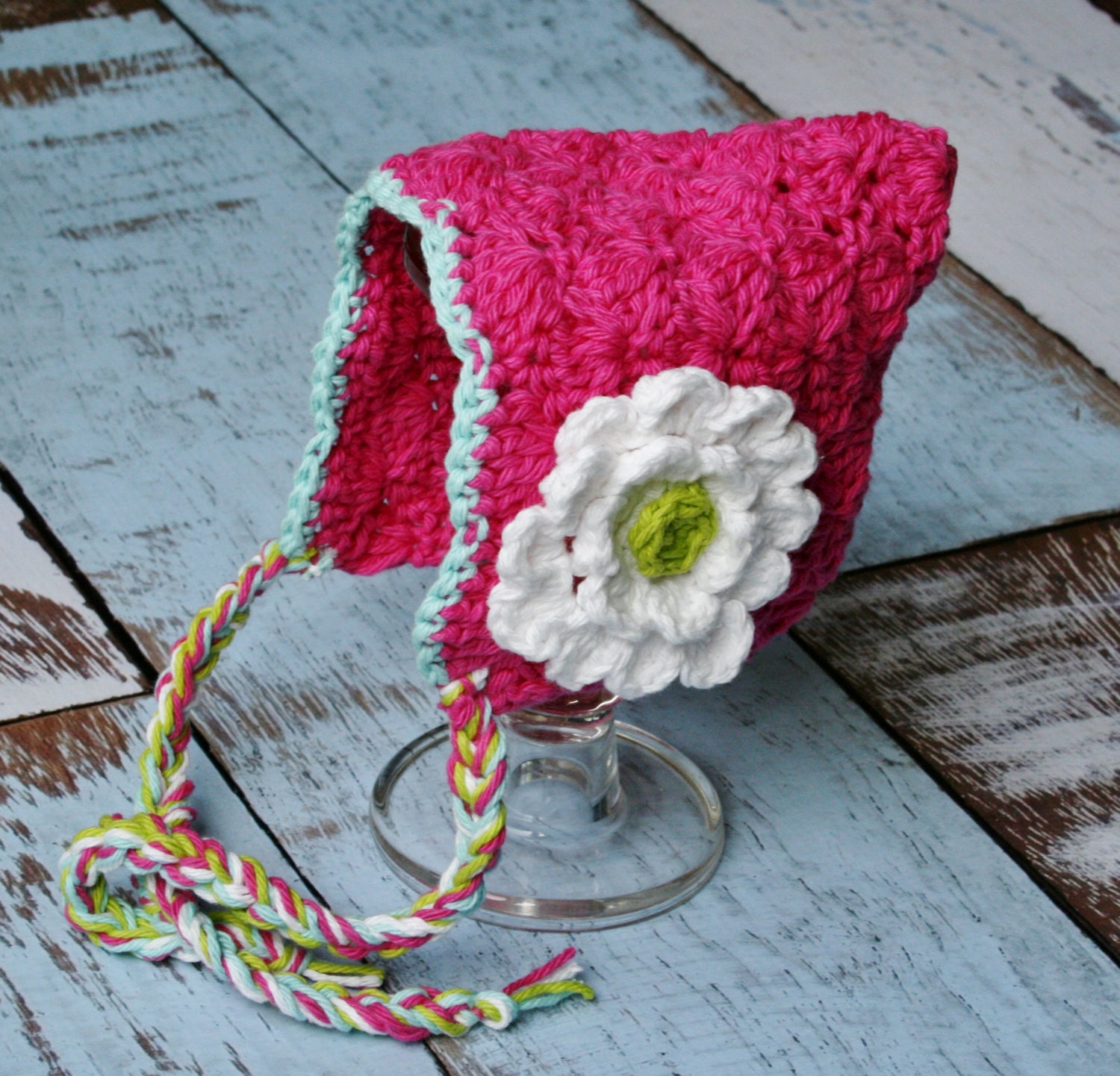 Baby Girls Bonnet Ready to Ship, Crochet, Photo Prop, Pink, Handmade, Newborn, 0-3 months