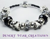 Black and White Euro Style Charm Bracelet, Black Rope Lampwork Beaded Bracelet, Large Hole Beads