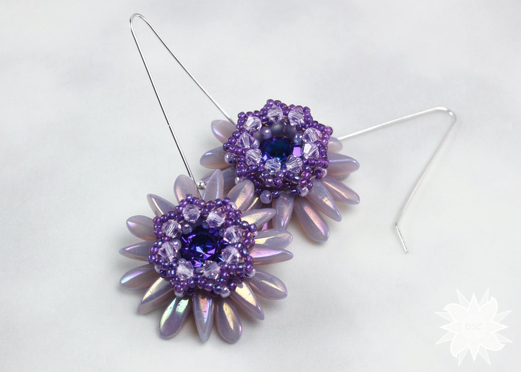 Lilac Lavender Chrysanthemum Flowers Earrings, Stitched Swarovski Crystal Drop Earrings, Glass Dagger Flower Earrings