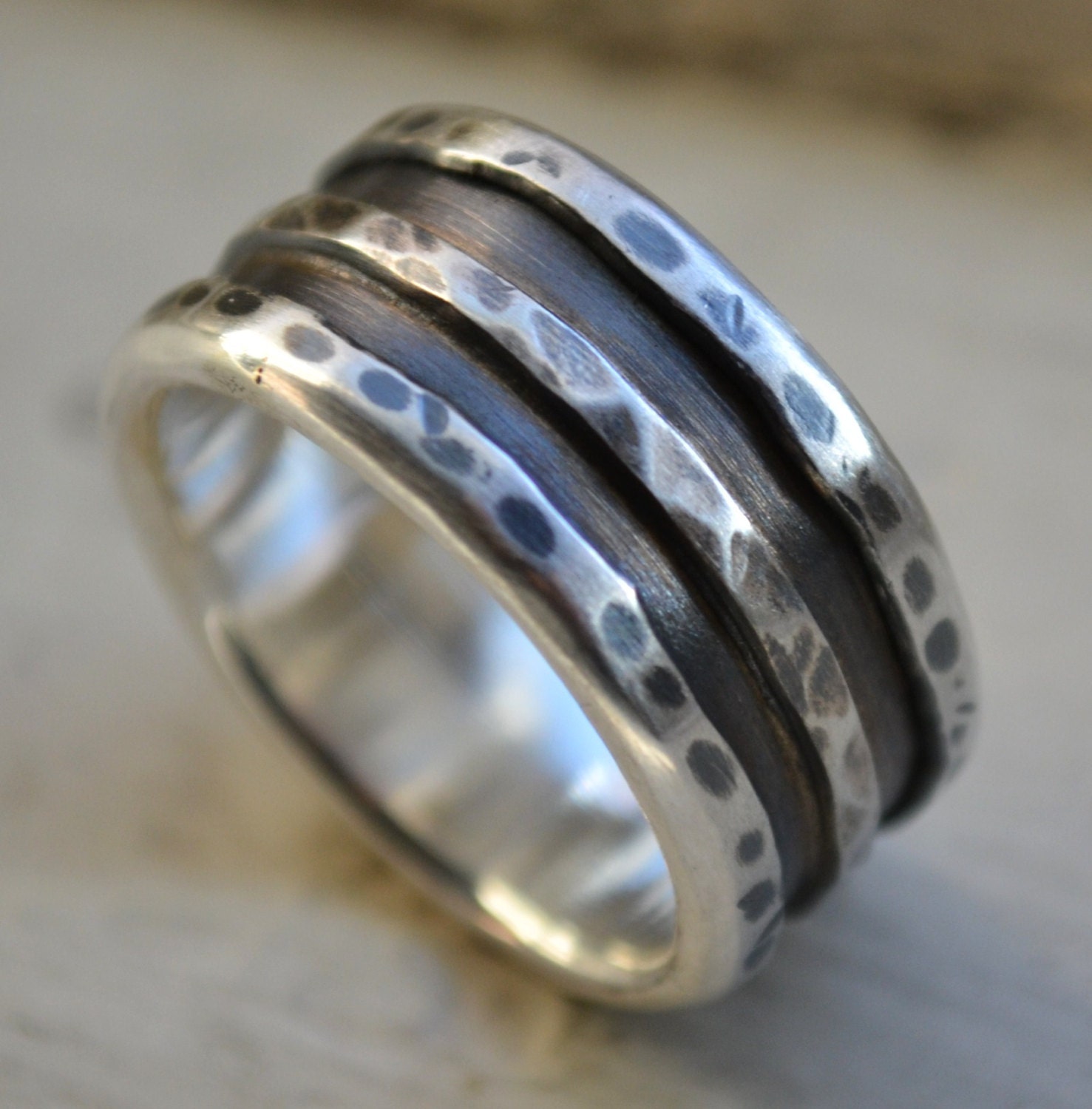 mens wide band ring - rustic oxidized fine silver and sterling silver ring - handmade artisan designed wedding band - customized
