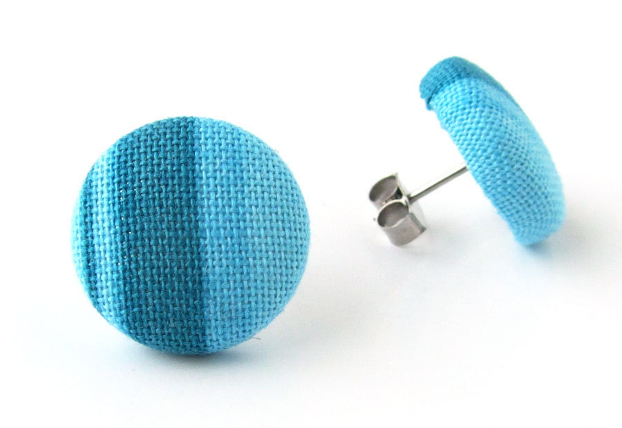 Blue stud earrings - blue button earrings - blue earrings - stripes mint cyan pastel small summer