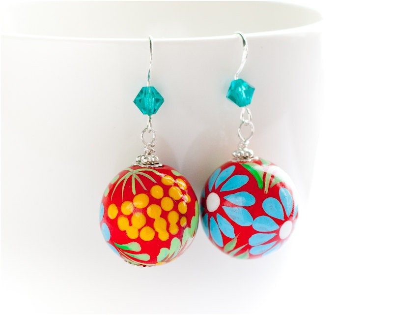 Spring garden earrings. Hand Painted Jewelry. Red Yellow Blue Flower Earrings. Beaded Earrings. Floral fashion. Bright colors