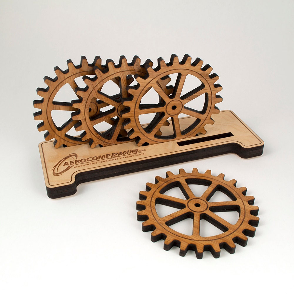 Bamboo Gear Coaster Set with Personalized Name Holder