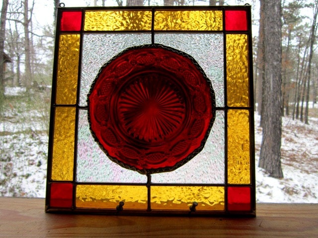 Dazzling Ruby Red Plate, interior design, decorative art, stained glass vintage antique plate suncatcher