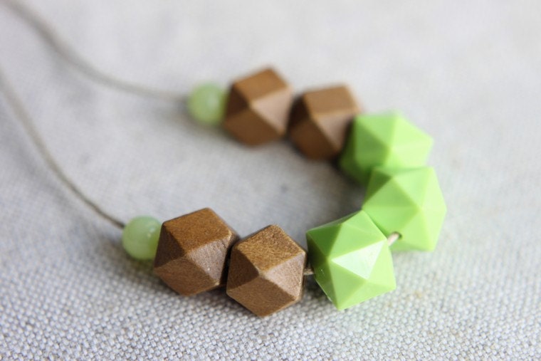 Geometric Necklace Wooden Necklace Resin Necklace Brown Lime Green Faceted Necklace