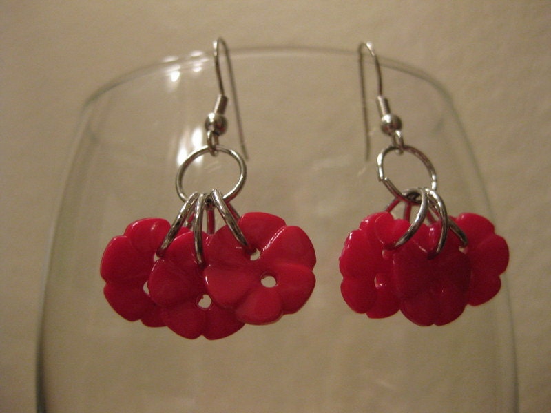 Field of flowers spring and summer dangle earrings -- dark pink / fushia