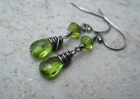 Peridot Earrings Sterling Silver Jewelry Lime Green Wire Wrapped