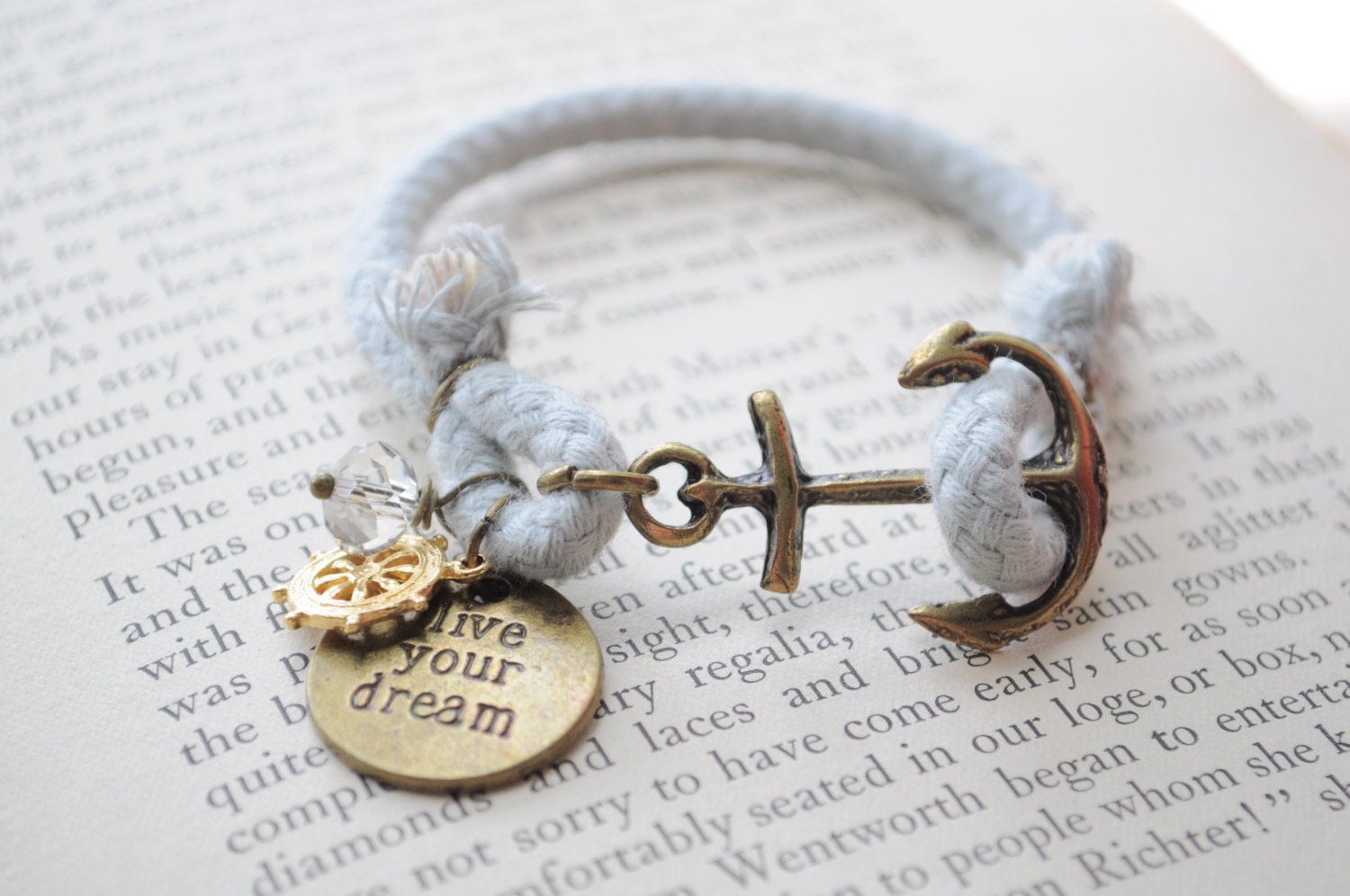 SALE- Anchor Bracelet No. 57- Live your Dream, anchor clasp, gray cord