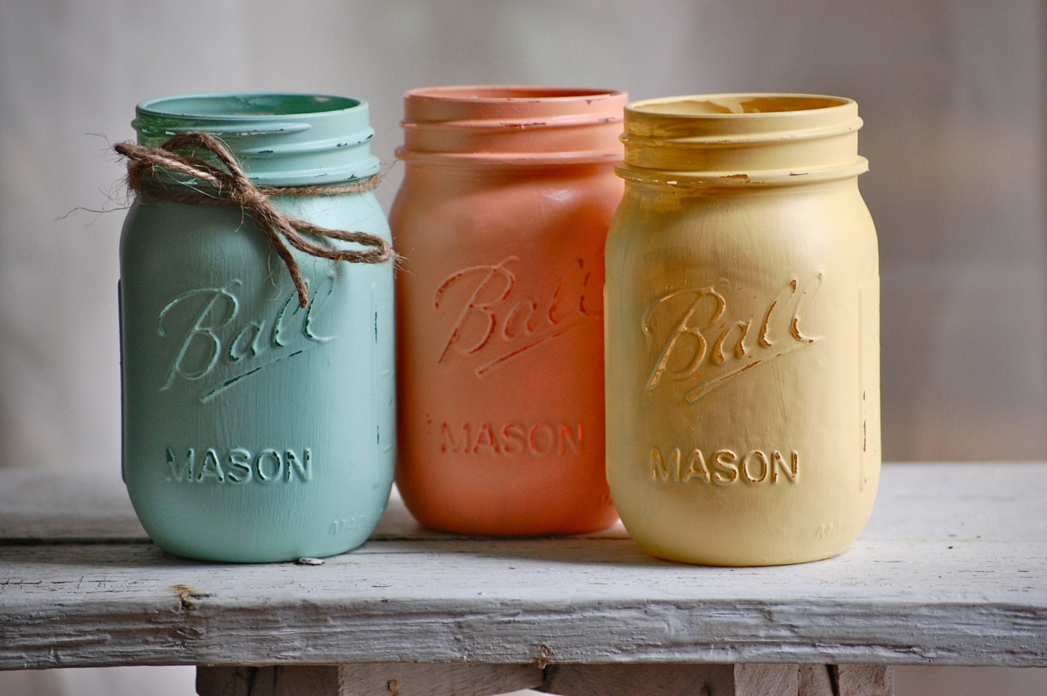 Set of 3 painted mason jars in spring colors, shabby chic decor, cottage home decor, sweet mint vase, beach cottage decor