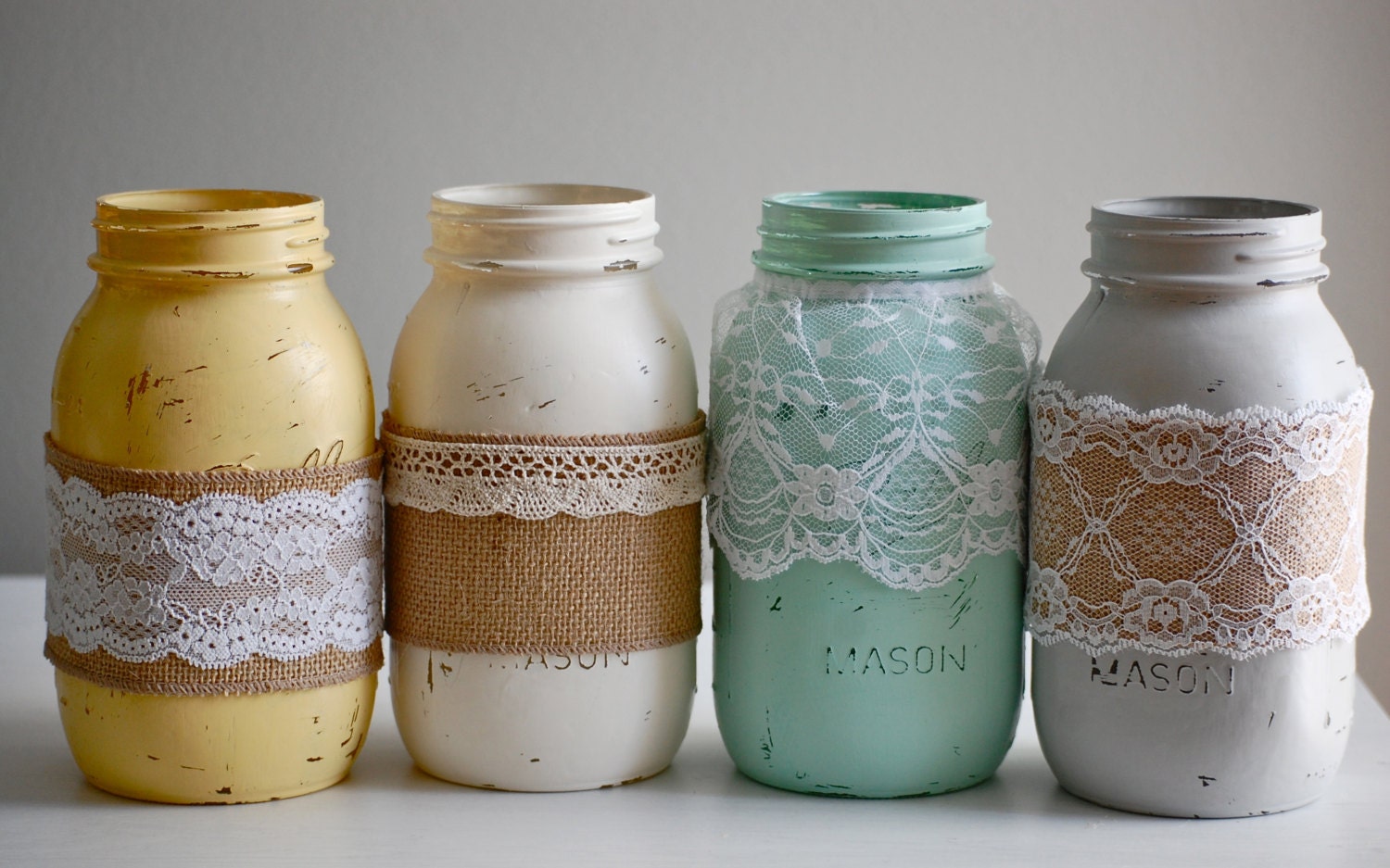Set of 4 painted & distressed mason jars with lace and burlap, farmhouse decor, rustic wedding decor, shabby chic wedding, shabby chic decor