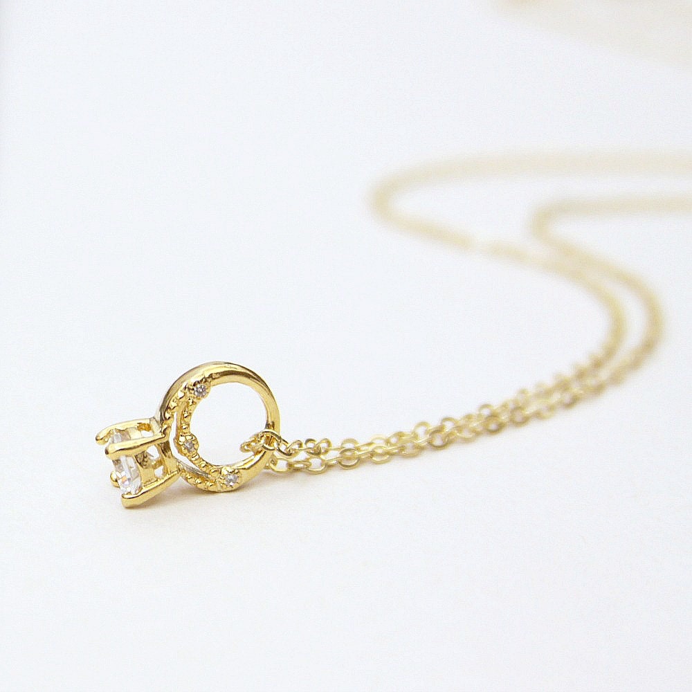 Be Mine. Engagement Ring Necklace Gold with Cubic Zirconia