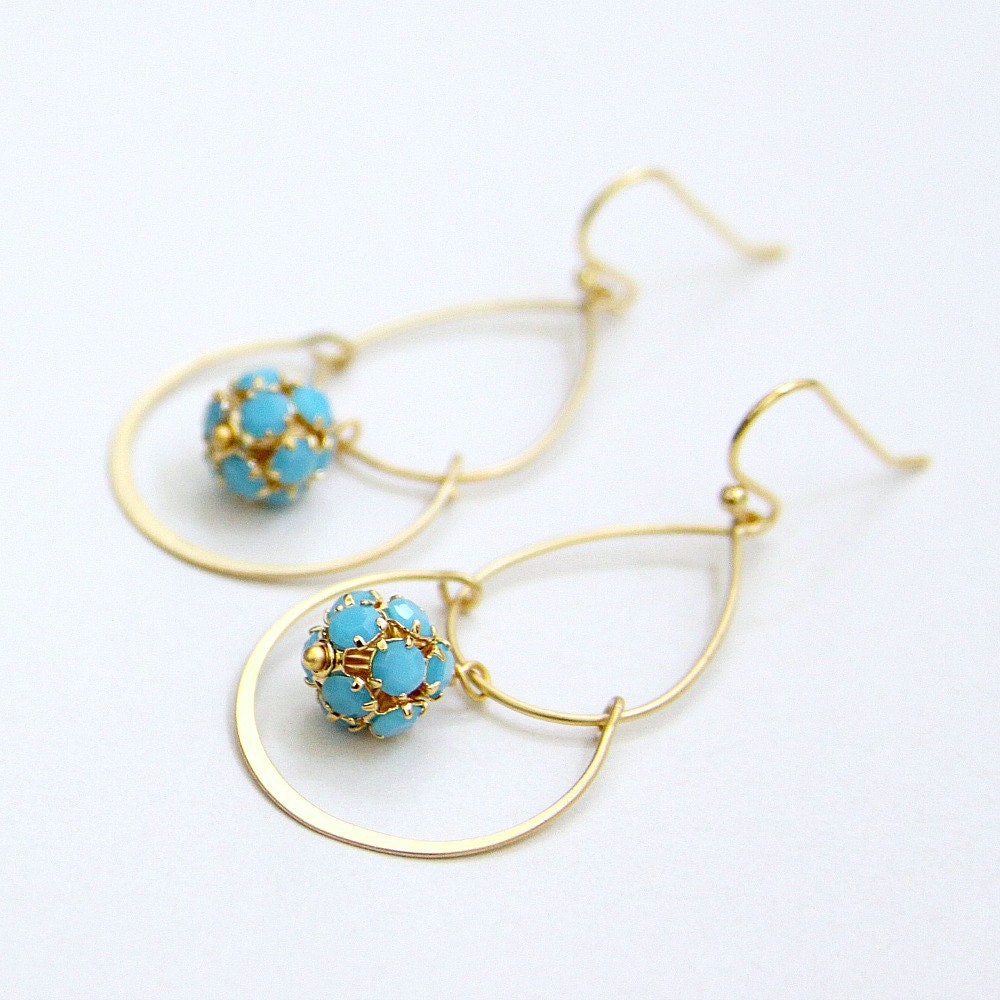 Double Hoop Gold Turquoise Blue Crystal Ball Earrings