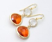 Citrus Drop Stone Earrings Gold Orange and Clear Glass