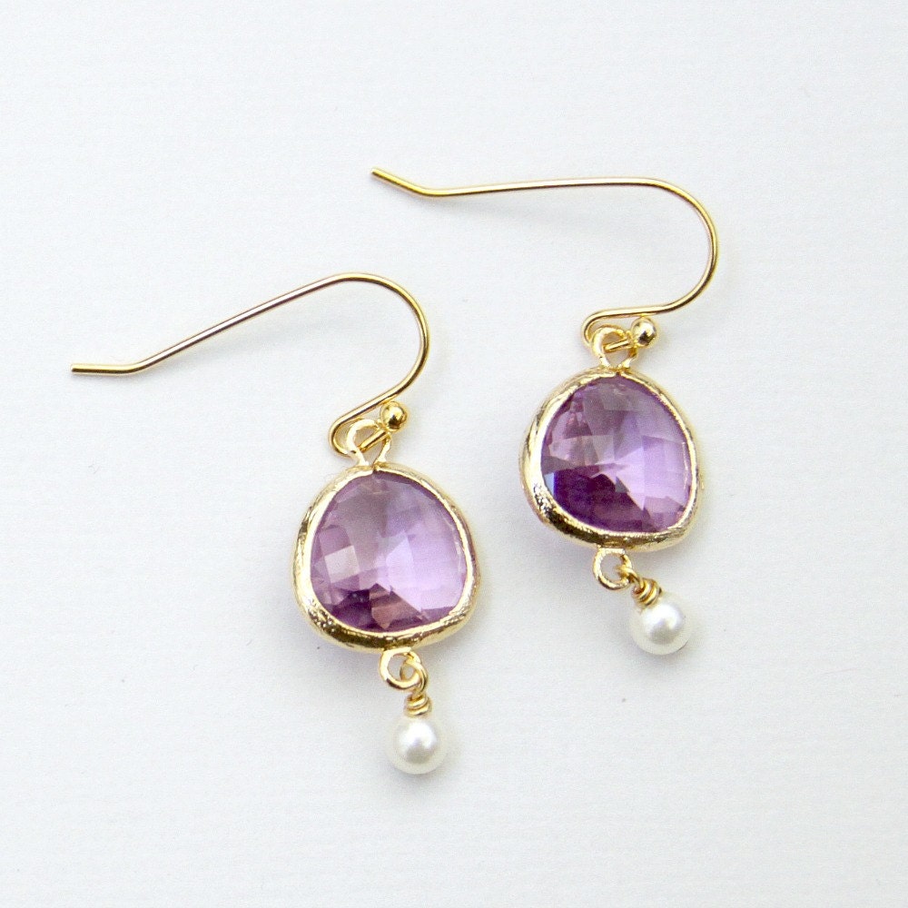 Lavender Faceted Glass Earrings Gold with Swarovski Crystal Pearls