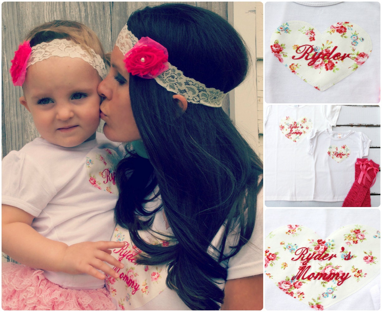 Matching Mommy and Me Mother's Day Personalized Heart T-Shirts & Ruffle Leg Warmers. Baby Girl Heart Onesie OR Tee. New Baby New Mom Gift