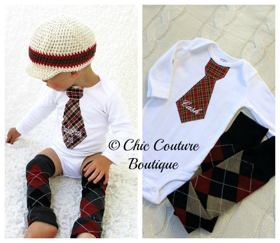Baby Boy Personalized Tie Onesie and Leg Warmers SET.  1st Mother's Day Burgundy, Tan, Navy. Houndstooth, Plaid, Herringbone