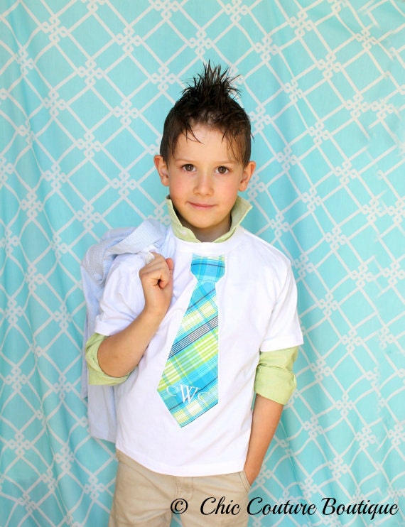 Children Clothing, Summer Wedding, Ring Bearer, Plaid Personalized Short Sleeve Tie T-Shirt. Any Tie & Monogrammed Personalized Embroidery