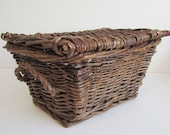 Wooden Wicker Picnic Basket Vintage Picnic Basket with Handles and Lid Natural Wood Handcrafted Folk Art