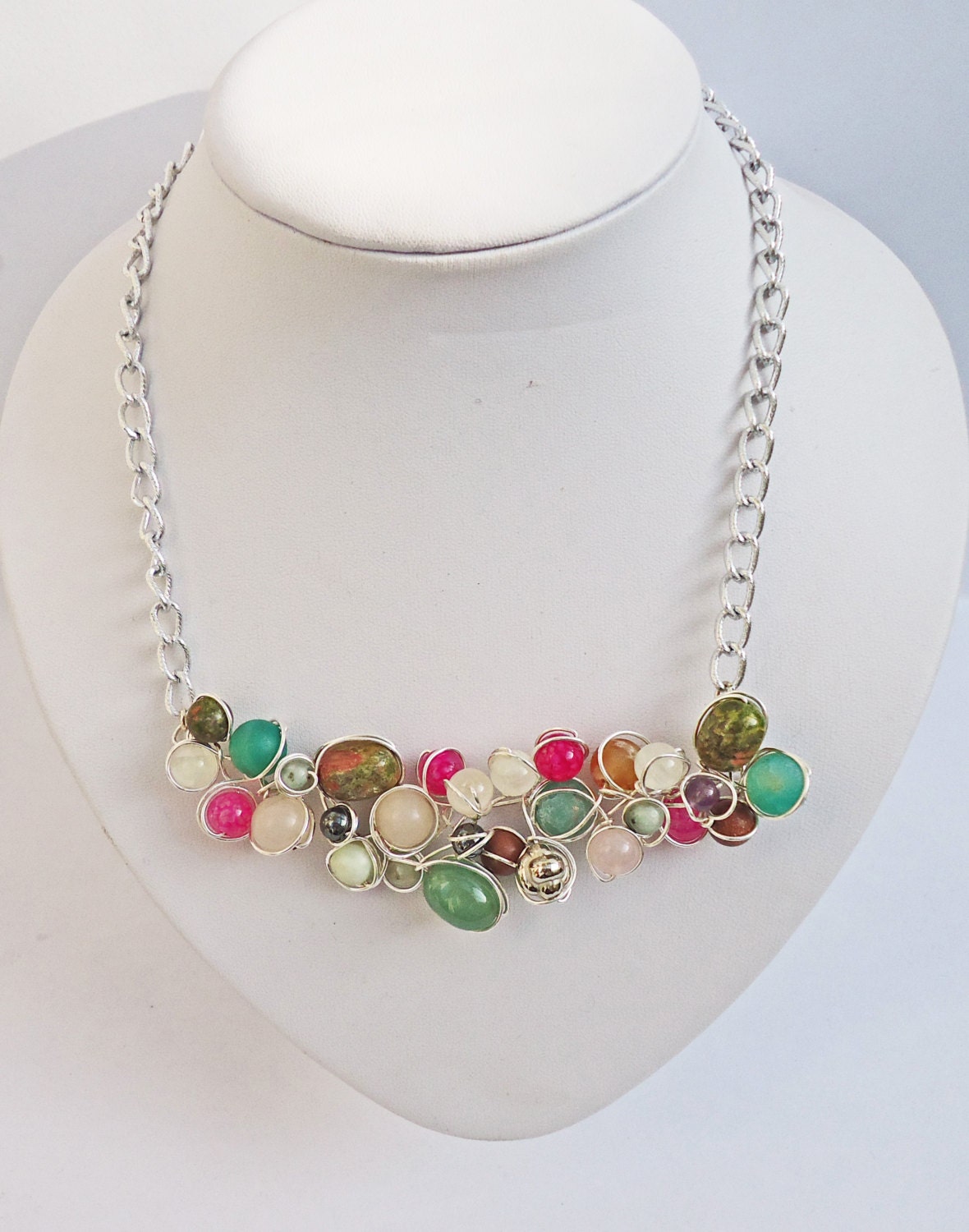 Wire Wrapped Necklace, Gemstone Necklace, Short Necklace, Multicolor Necklace, Handmade Jewelry, UK Seller