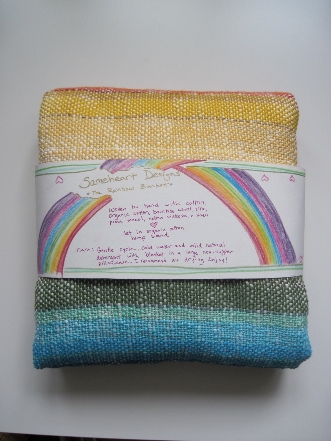 Organic Baby Blanket handwoven Rainbow- bordered and backed with Organic Cotton/ Hemp, Last one available until Summer 2013