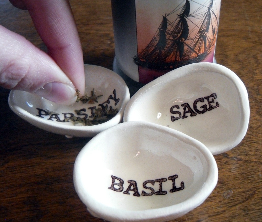 basil sage and - or parsley spice dish, herb container, spice caddy, easy kitchen prep while cooking and serving guests