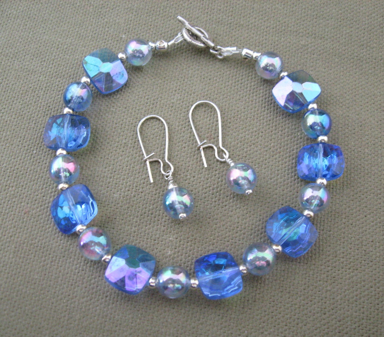 Iridescent Blues Glass Beaded Tennis Bracelet Earrings Set