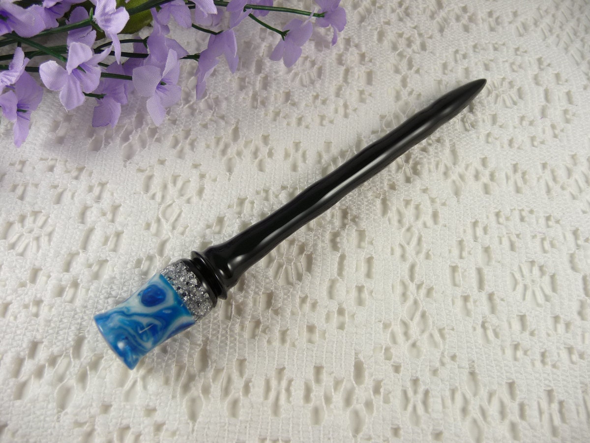 Hair Stick Blue Marble Pearl Acrylic With Silver Mine Accent Band