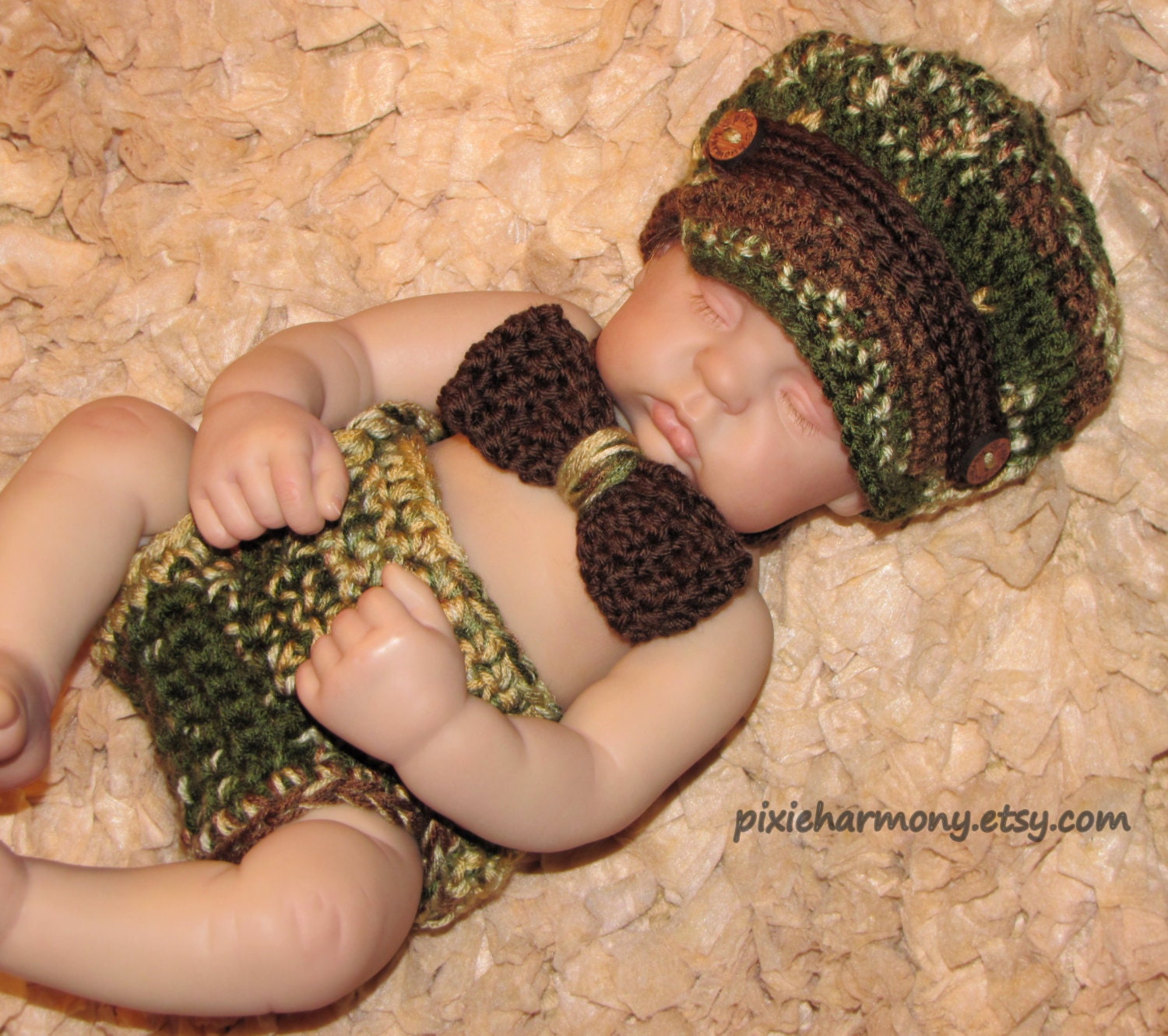 Baby BOY Hat Set - 3 Piece Camo Newsboy Hat Bow Tie and Diaper Cover Set - PHOTO Prop - Made to ORDER - Newborn - Any Color