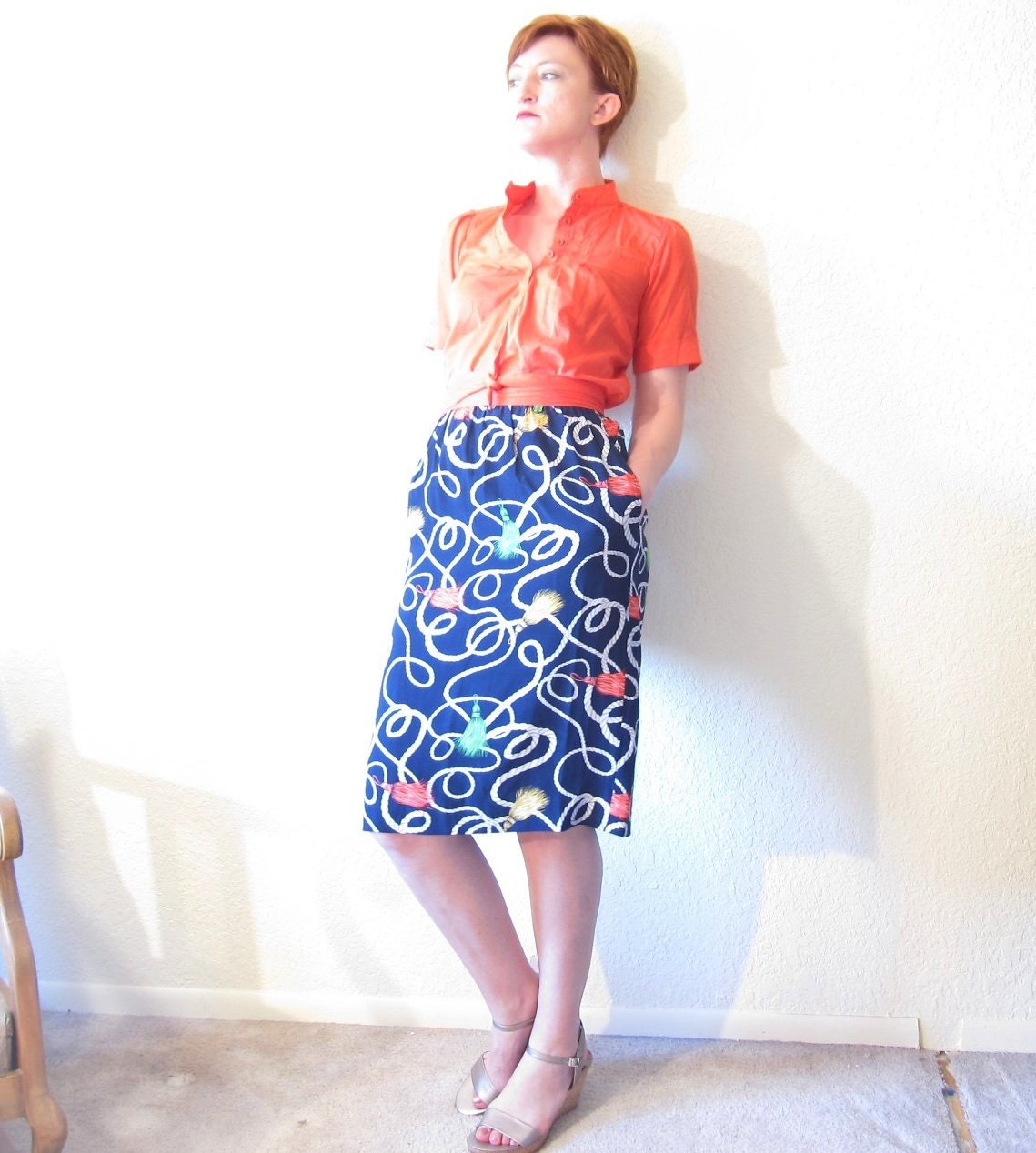Evan Picone Silk Pencil Skirt.  Nautical Tassels. Size S