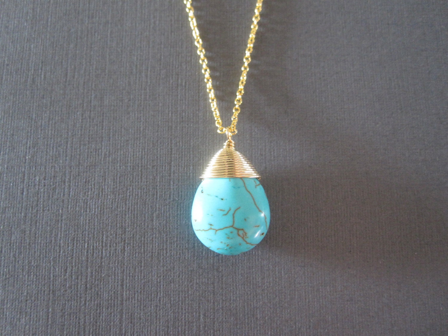 Turquoise Drop Gold Wire Wrapped Necklace