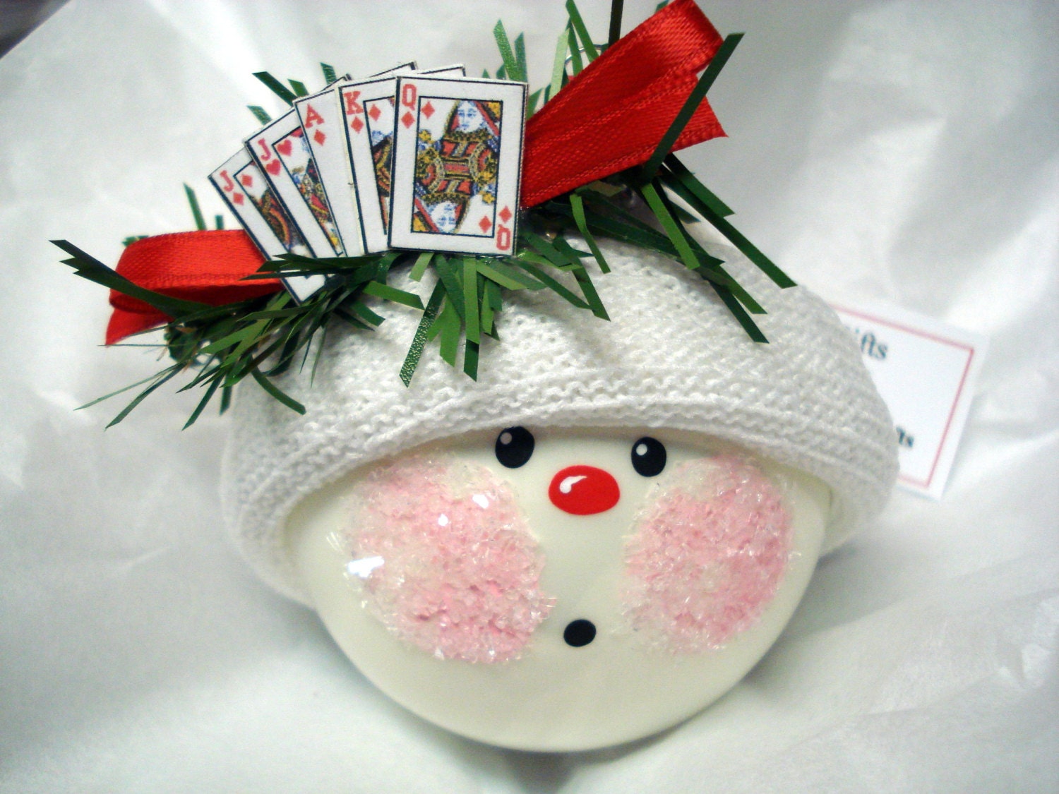 Euchre Snowman Christmas Tree Bulb Hand Painted Glass Snowball Face Personalized